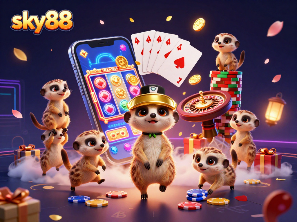 Experience thrilling games at sky88 with meerkats dealing cards and spinning slot reels in a vibrant casino scene.