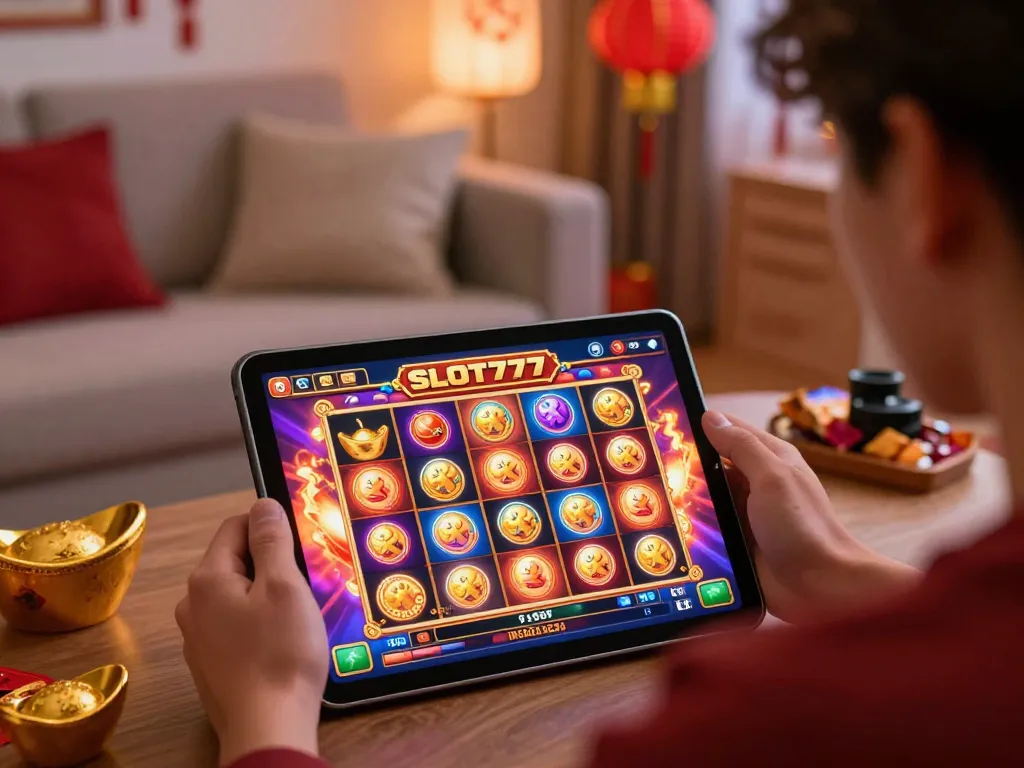 A player enjoys winning spins on the SLOT777 platform during the Lunar New Year celebration.