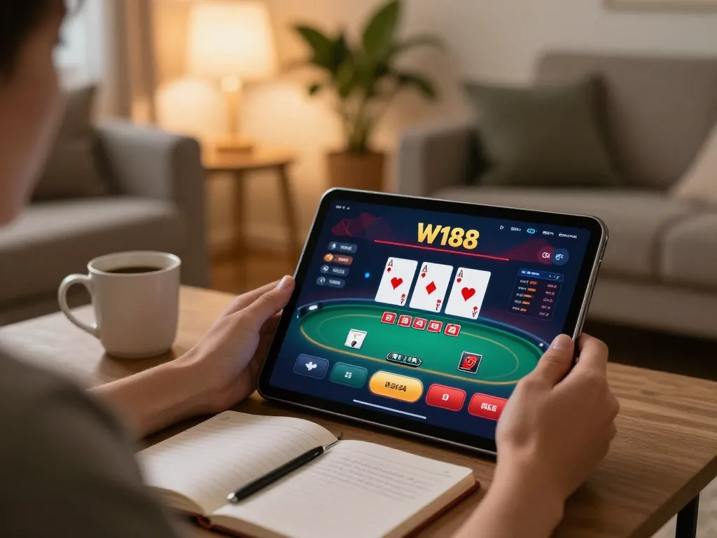 W188 user engaging in online poker gaming on tablet in cozy home environment.
