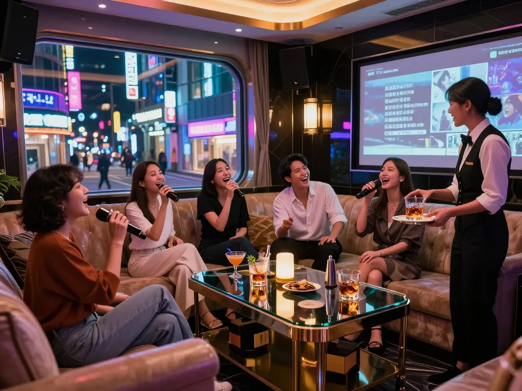 Enjoying a lively night at 강남가라오케 in a luxurious karaoke room with vibrant lights and high-end audio.