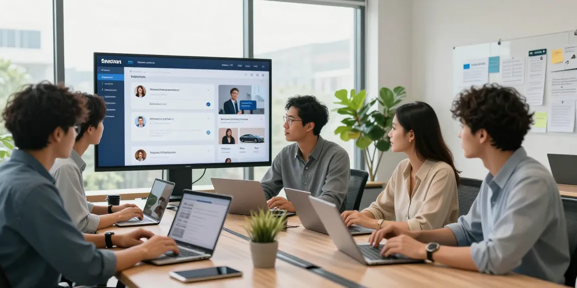 Collaboration scene of Sifu24 team discussing professional services in a bright modern office.