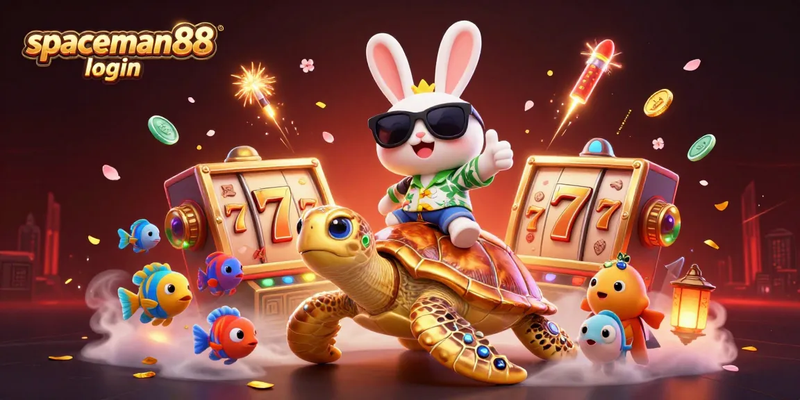 Join the excitement at spaceman88 login with vibrant slot reels and characters in a lively casino scene.