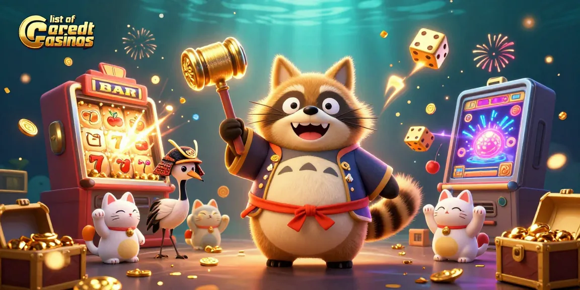 Enjoy gaming action with the list of credit card casinos, featuring lively characters and slot machines.