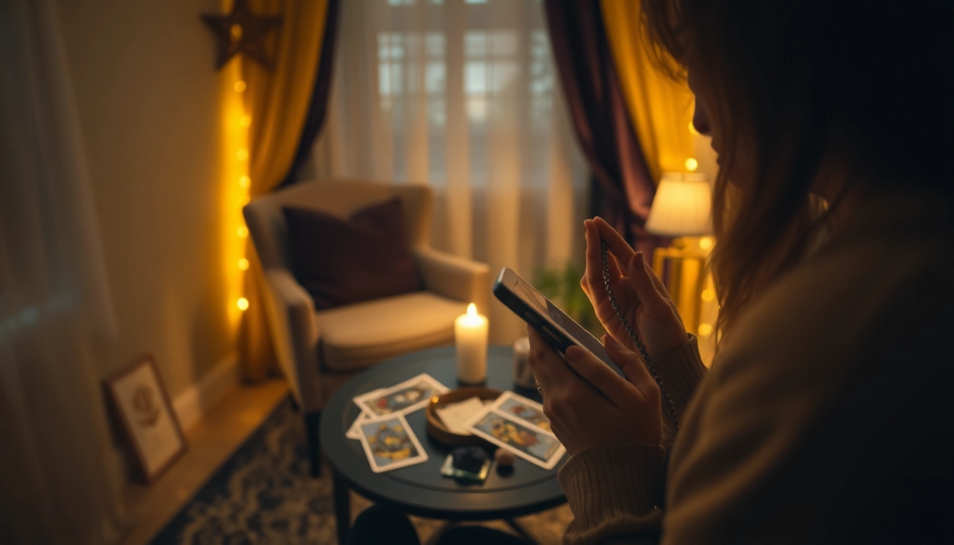 タロットカードと水晶を用いた電話占い 当たるサービスのリーディングを強調する、魅力的な電話占いセッションの場面。
