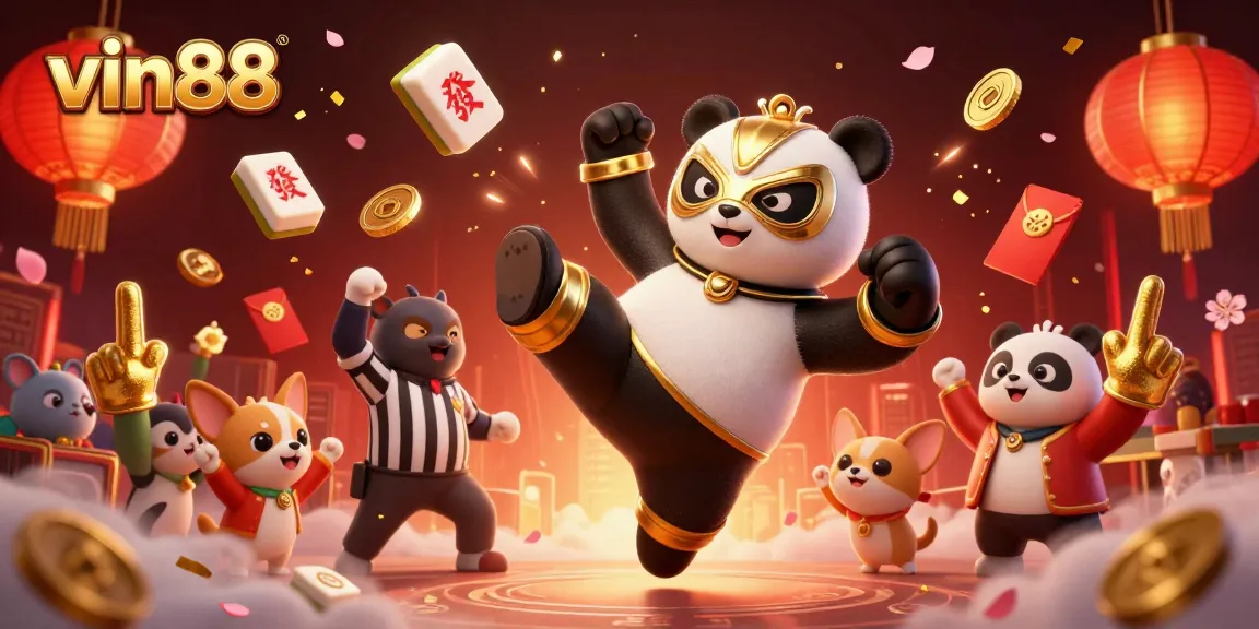 Win big at vin88 with exciting 3D casino games featuring a panda wrestler and a cheering crowd.