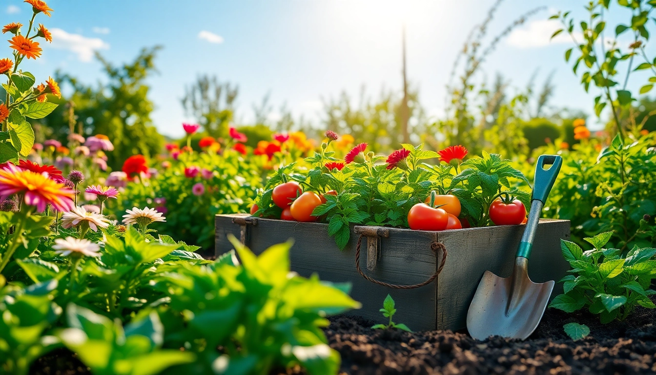 Gardening scene featuring vibrant flowers and lush green plants in a serene setting.