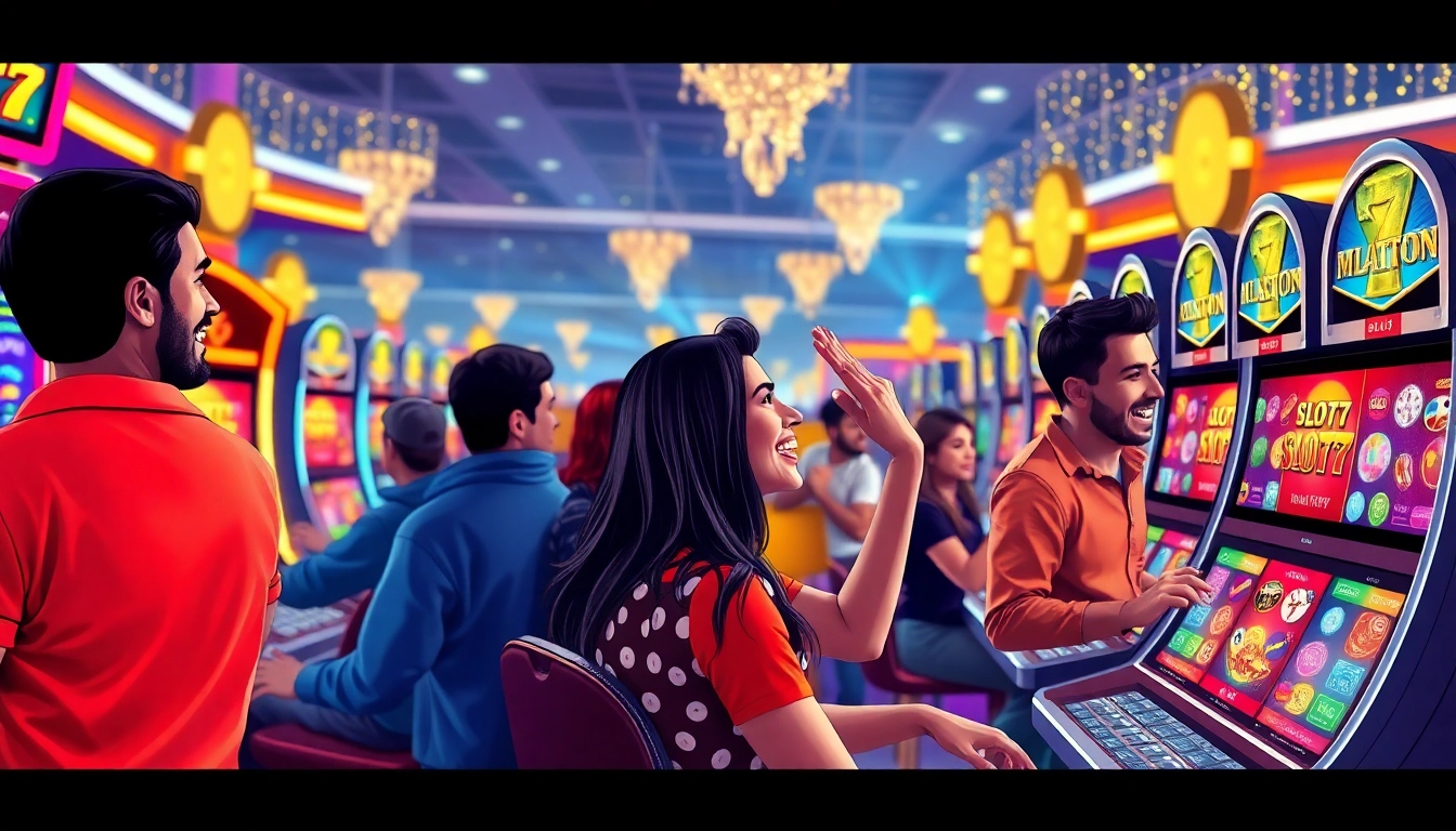 Slot77 mempromosikan kegembiraan permainan melalui gambar pemain di kasino.