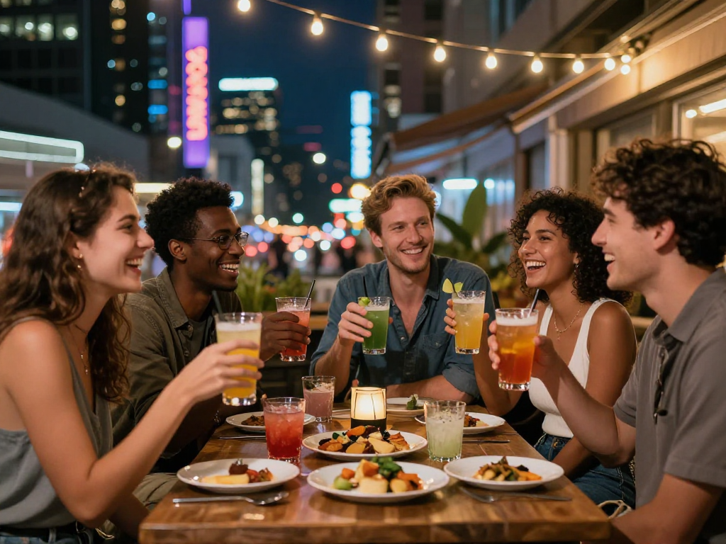 Friends enjoying vibrant rokok88 nightlife at trendy outdoor lounge with colorful drinks and city skyline