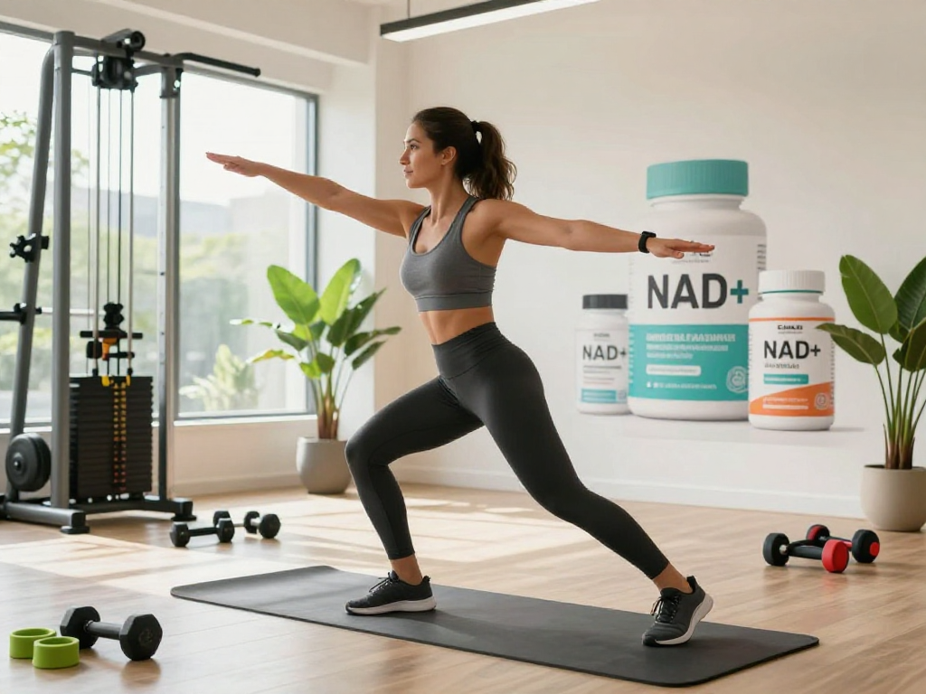 NAD+ Benefits showcased in a vibrant fitness studio, highlighting energizing health supplements within an active workout environment.