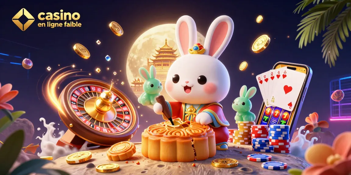 Illustration dynamique d'un casino en ligne fiable avec un lapin de lune et des jetons de poker.
