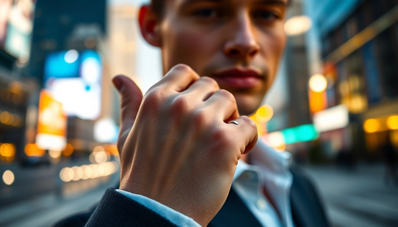 Wear Ringconn smart ring, featuring sleek design in a vibrant urban setting.