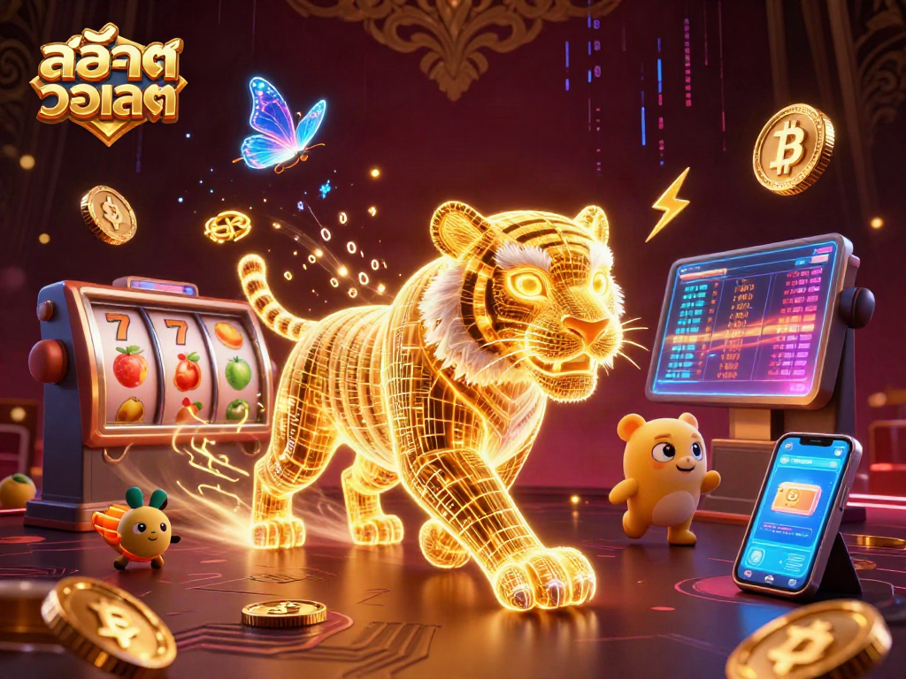Winning at สล็อตวอเลท in a vibrant casino scene featuring a golden tiger and cryptocurrency elements.
