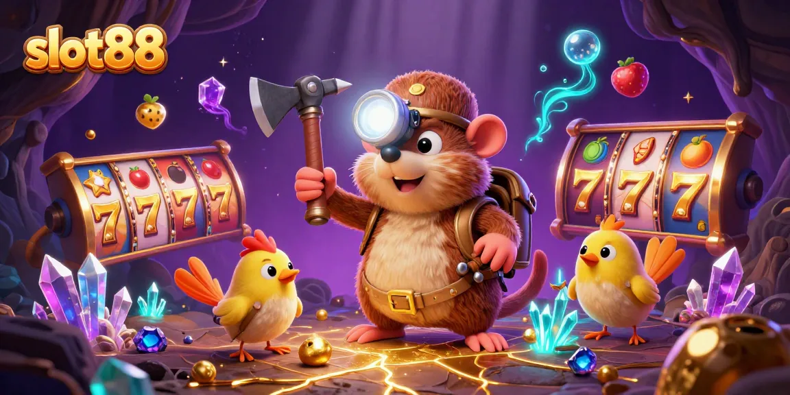 Experience the excitement of slot88 games with a treasure hunter mole and his canary companion in this vibrant casino scene.