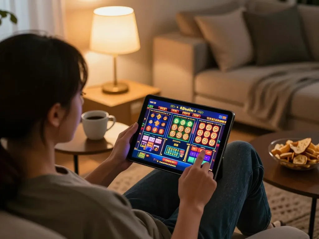 Engaging in exciting online games at 58wiin with cozy home setup.