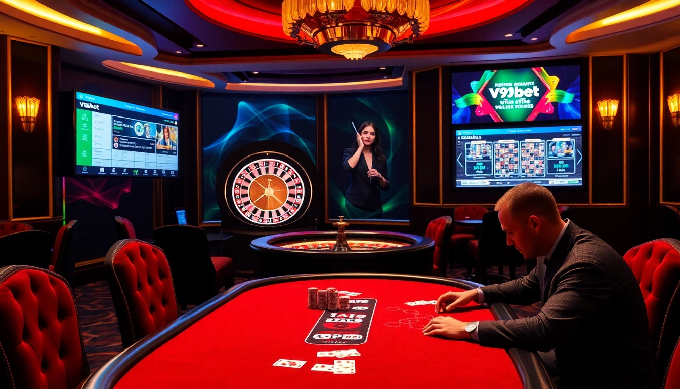 Experience the thrill of V9bet with a dramatic casino scene showcasing poker strategies and digital betting.