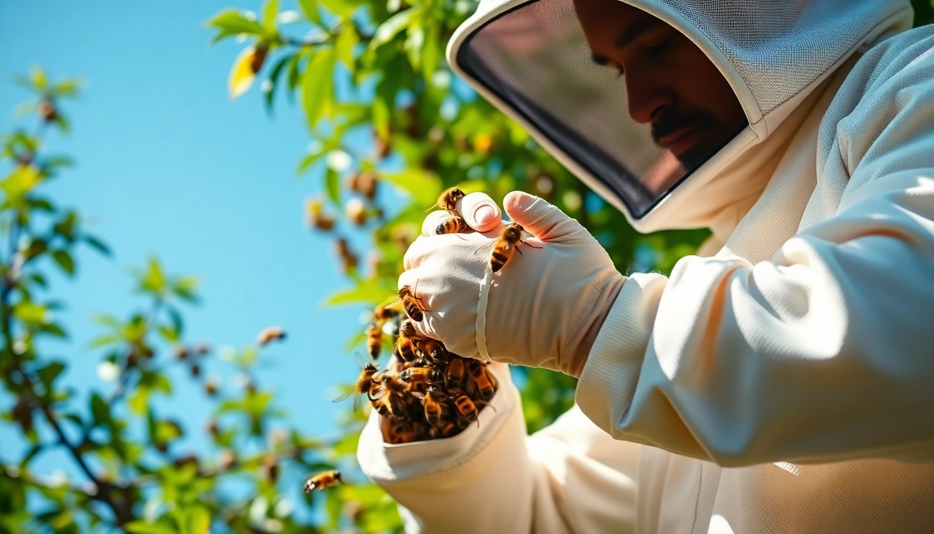 Live bee removal expert carefully relocating bees while ensuring their safety and environment.