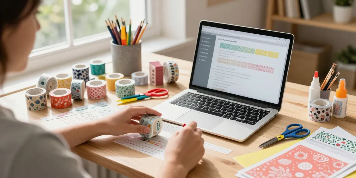 Crafting custom washi tape at a colorful desk with supplies.
