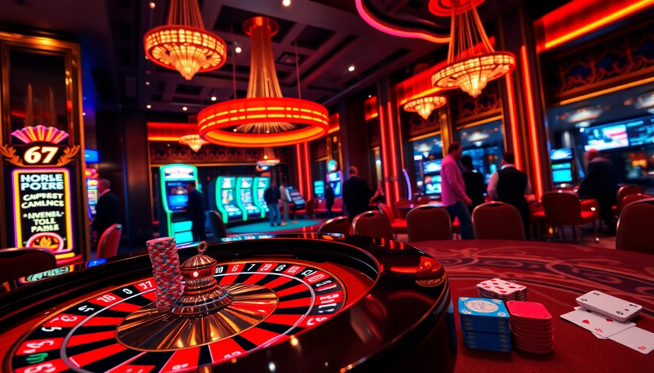 Exciting gaming scene at rr88 kjc with roulette wheel and poker table.