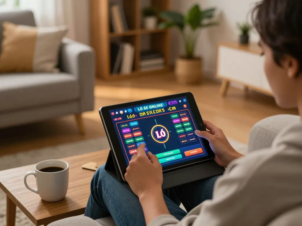 Lô đề online deep engagement through tablet gaming in a cozy living room setting