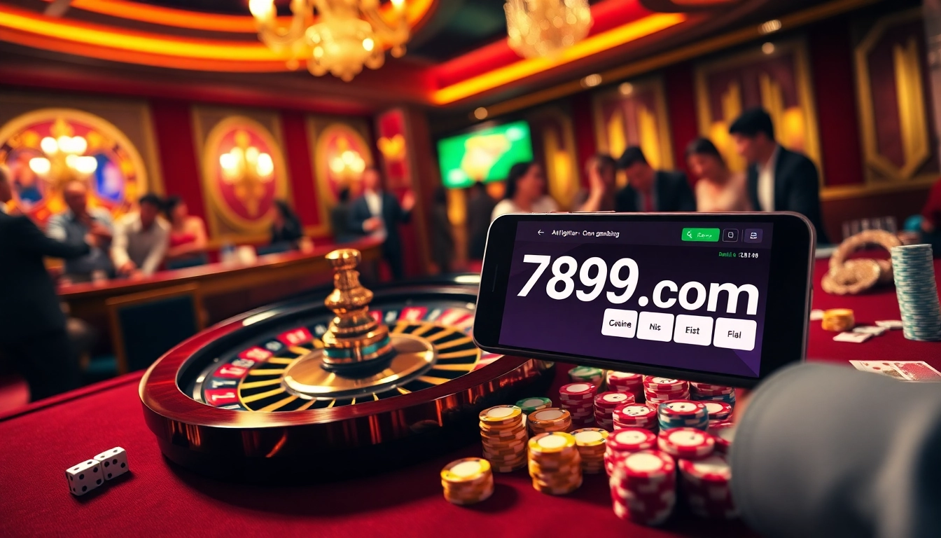 Experience the thrill of gaming at 789f.com with an exhilarating casino scene showcasing roulette and poker.