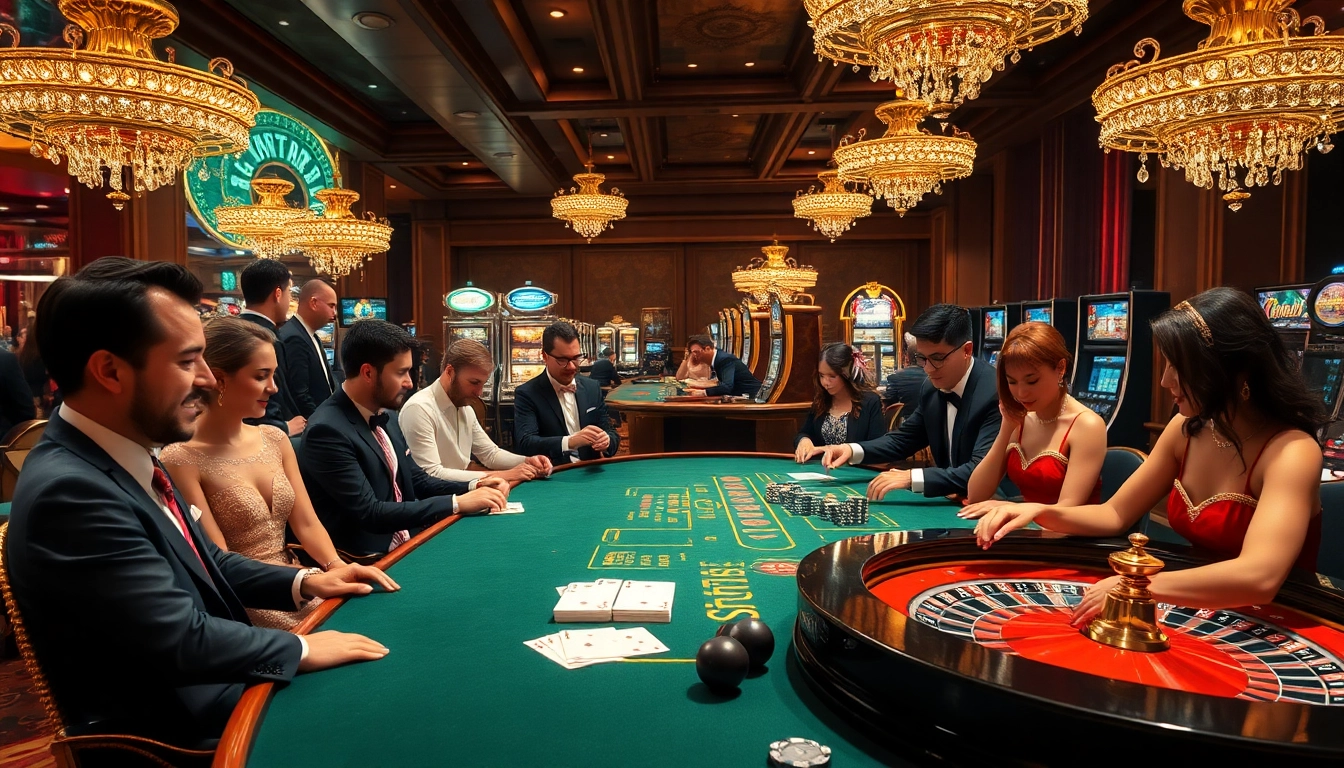 Experience the excitement of thabet casino with players enjoying various games at luxurious tables.