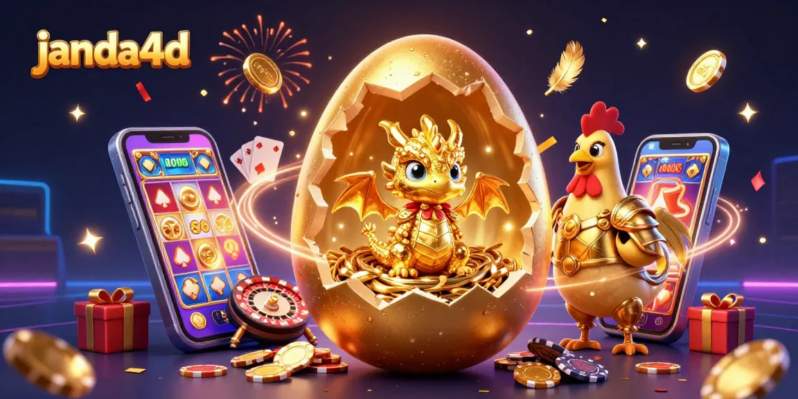 Gambar janda4d menunjukkan telur emas raksasa terbuka dengan naga emas dan chip poker, penuh elemen permainan.