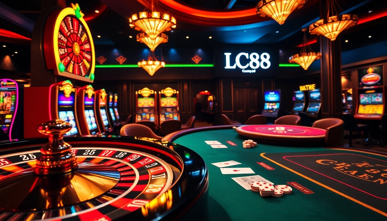 LC88 – Engaging gaming scene with roulette wheel, slot machines, and poker tables.