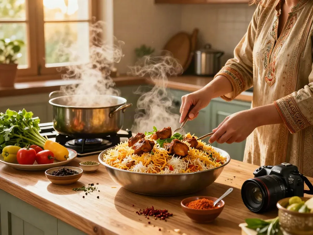 Authentic Pakistani chicken biryani recipe preparation scene with spices and fresh ingredients.