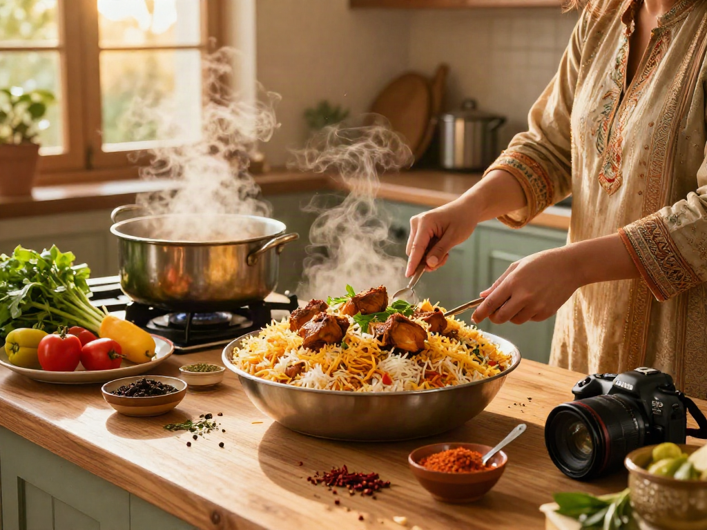 Authentic Pakistani chicken biryani recipe preparation scene with spices and fresh ingredients.