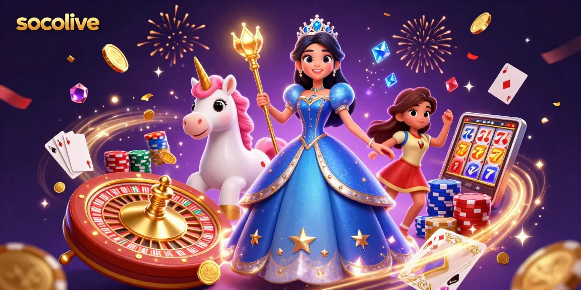 Socolive showcases a dazzling 3D scene with a beautiful woman in a blue gown and a unicorn amidst dynamic casino elements.