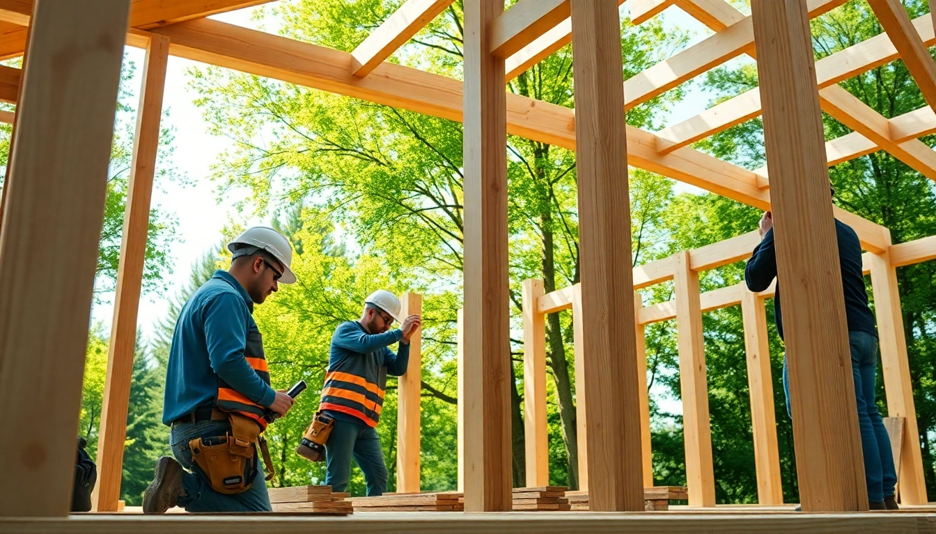 Skilled workers construct timber frame solutions at an active building site with lush surroundings.