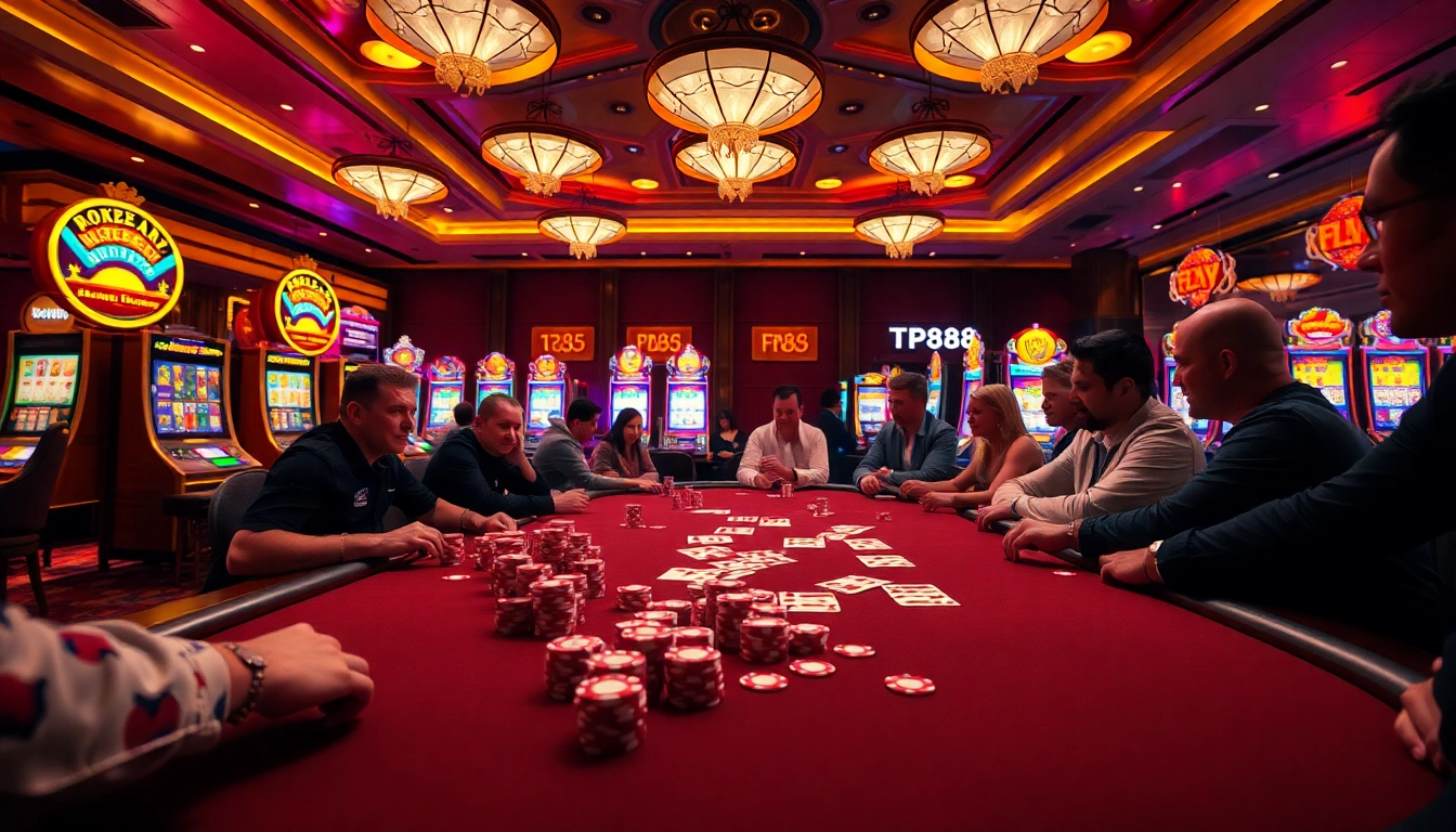 Players enjoying a high-stakes poker game at kp88, amidst a vibrant casino atmosphere.
