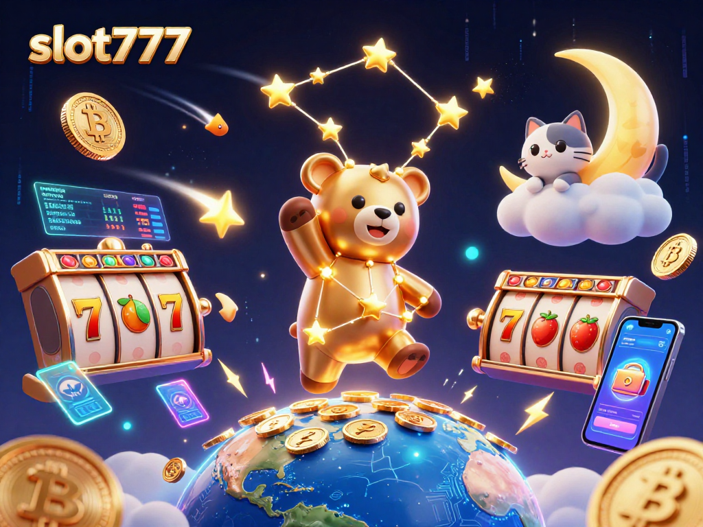 Win big with slot777 in this vibrant casino scene featuring lucky symbols and vibrant characters.
