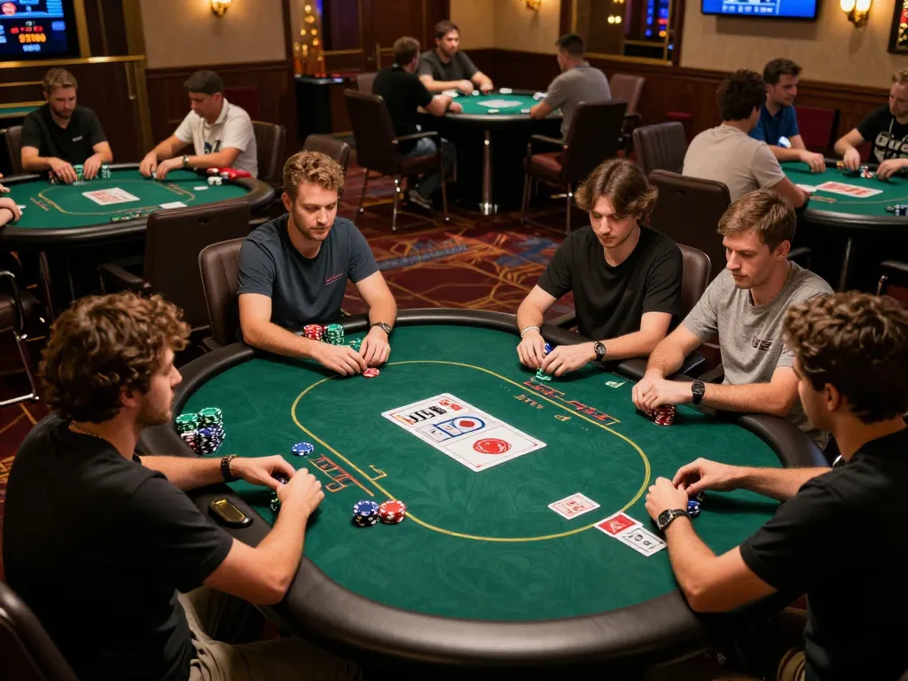 Pemain poker yang terlibat merencanakan strategi di meja yang dilengkapi dengan baik di kasino yang ramai.