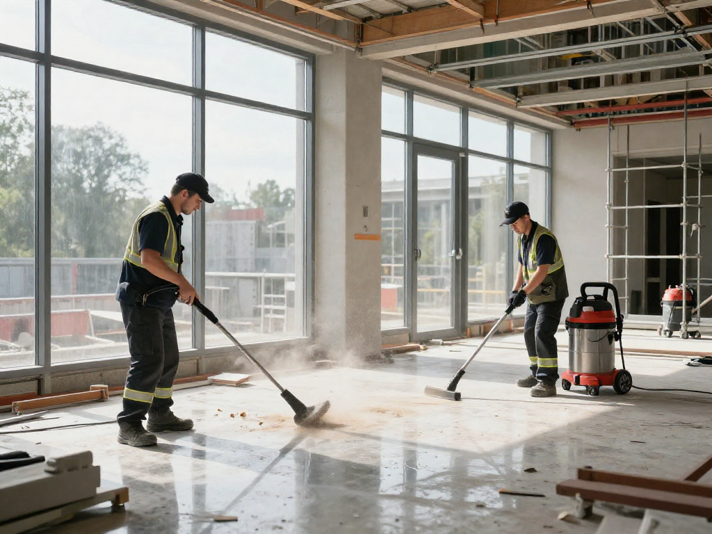 Professionelle Bauendreinigung Neubau Dortmund mit Reinigungsteam und modernem Equipment