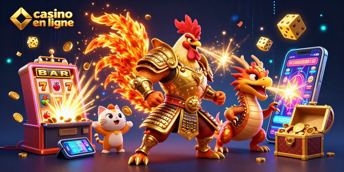 Le casino en ligne offre des jeux palpitants avec un coq guerrier et un dragon, entourés de jackpots.
