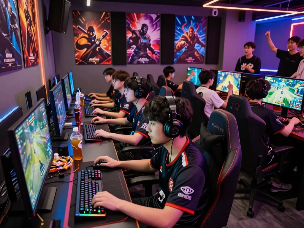 Vibrant ligasedayu gaming community tournament scene with players and spectators engaging in esports.