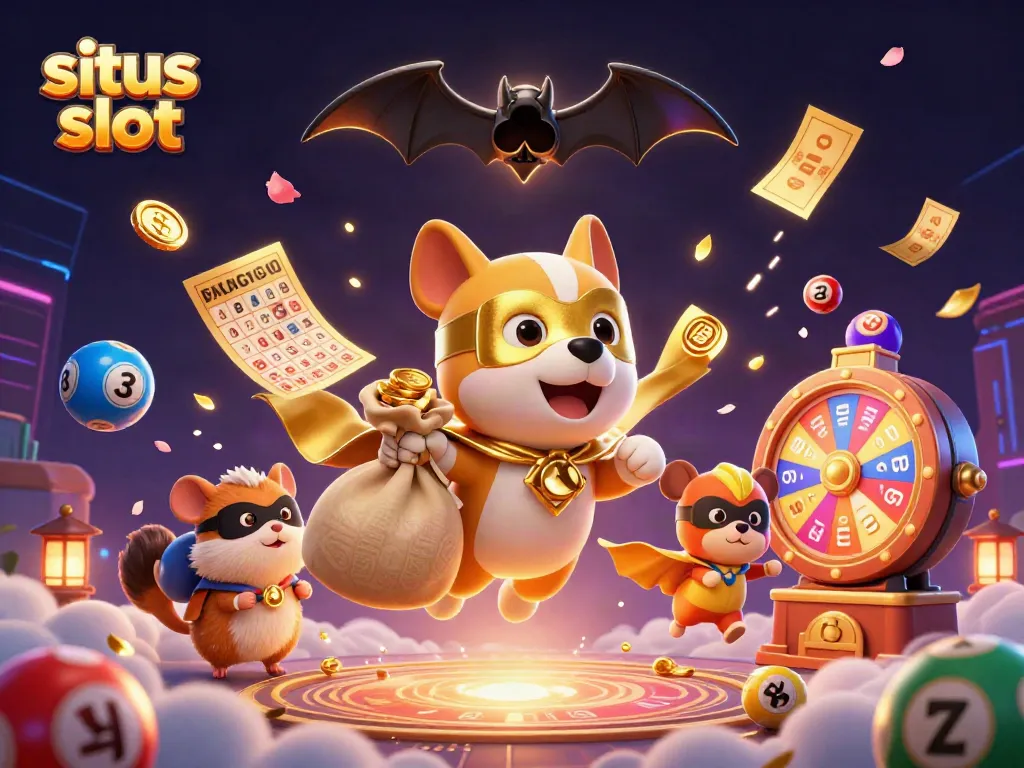 Experience the thrill of situs slot with a dynamic 3D illustration featuring cartoon characters and gambling elements.