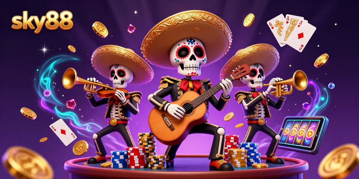 Experience the thrill of sky88 with vibrant casino elements and a festive mariachi band.