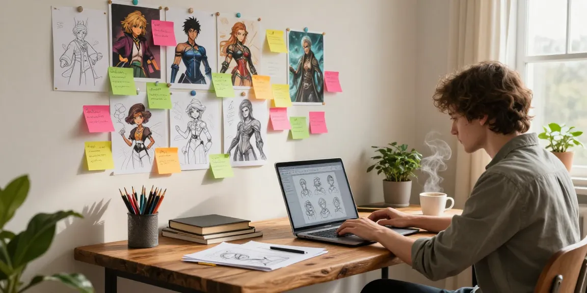 Creative workspace featuring character sketches and nsfw ai writing environment
