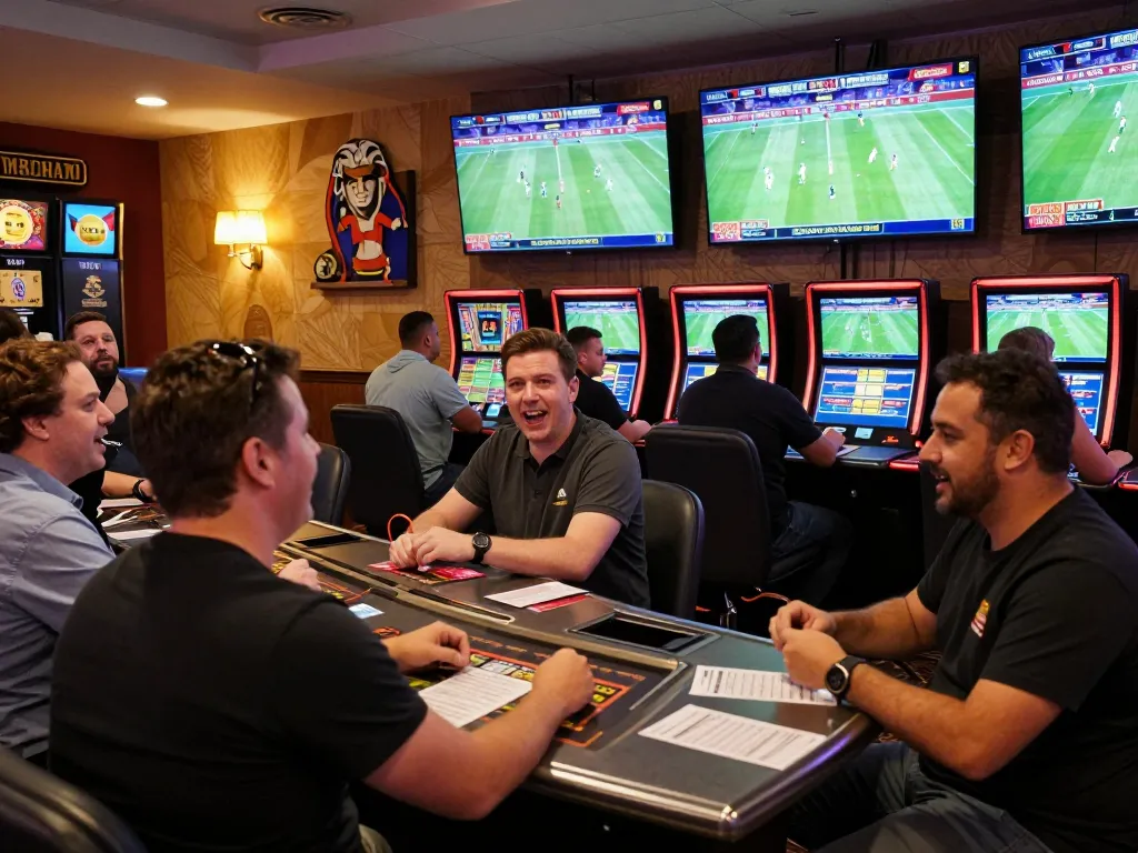 Open88 sports bettors engaged in live wagering at modern betting kiosks with screens.