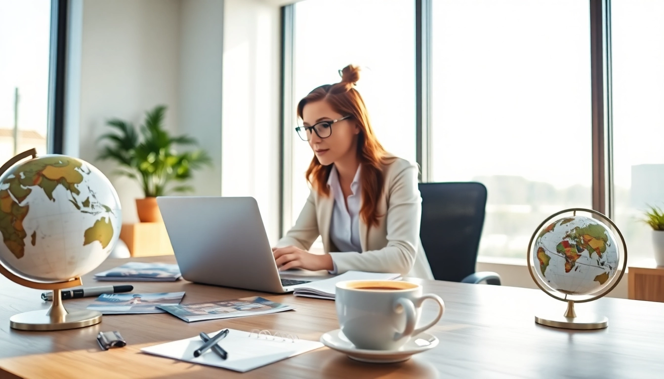 Travel assistant organizing a trip while consulting on a video call in a bright office.