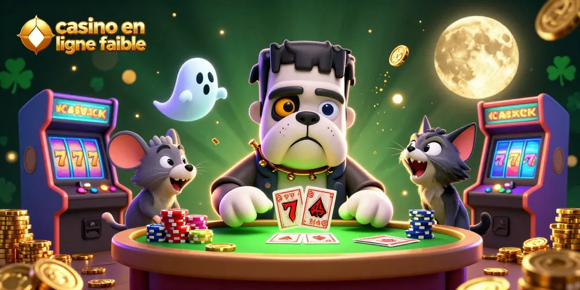 Découvrez un chien Frankenstein jouant aux cartes dans un casino en ligne fiable, entouré de machines à sous.