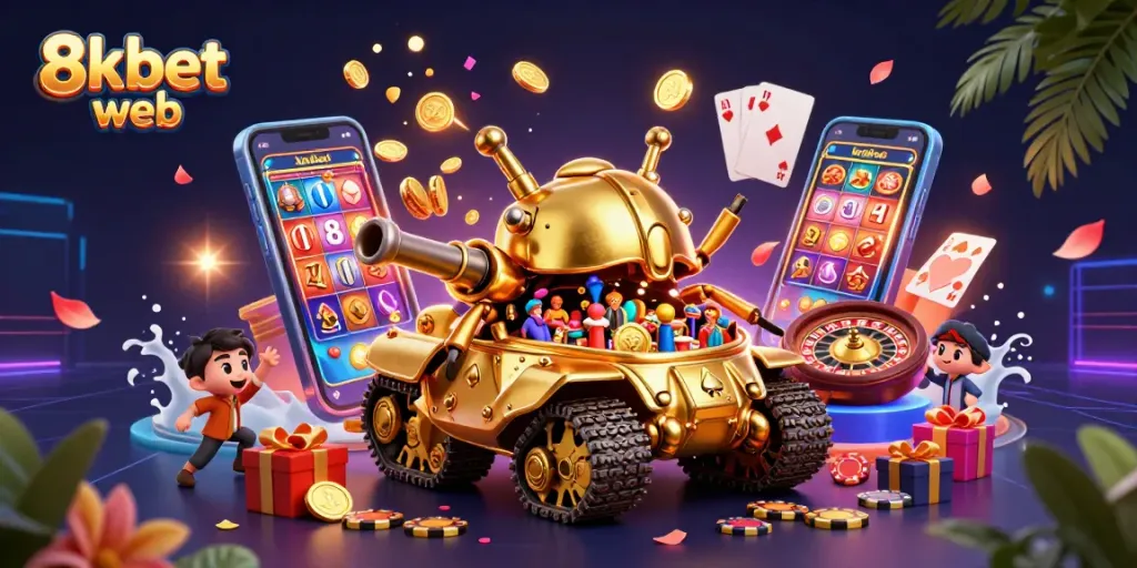 Play exciting casino games like 8xbet web in this vibrant illustration showcasing a golden beetle tank with a mini casino inside.