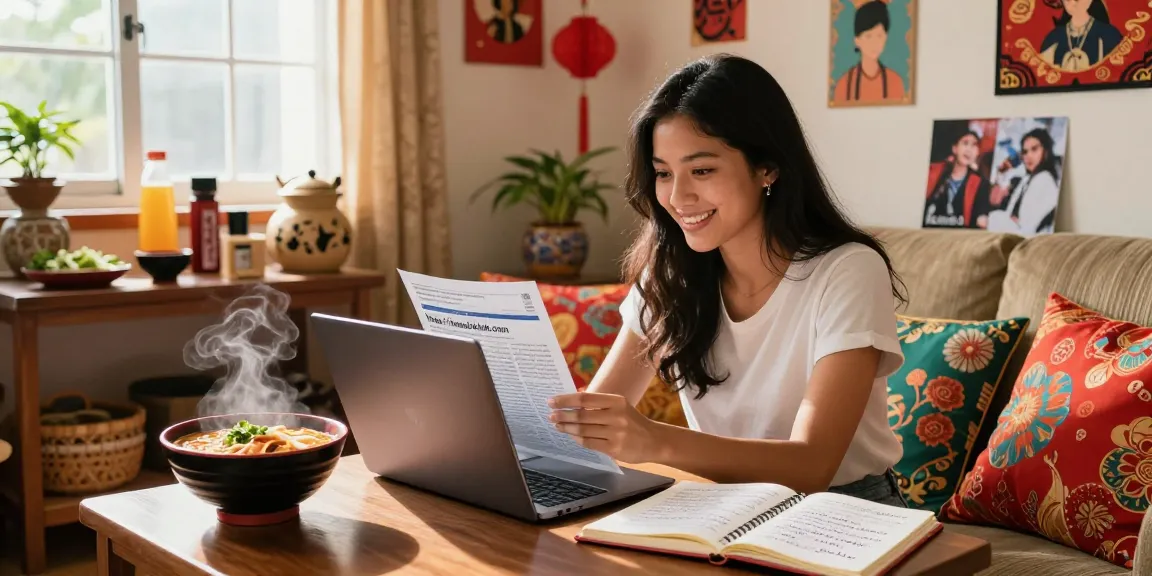 Youthful Hispanic woman enjoying content from https://hanadultalk.com in a cozy Asian-themed living room with ramen and notes.