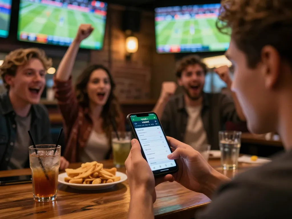 Watch the excitement unfold as a sports fan places bets using the vaobet app in a bustling sports bar.