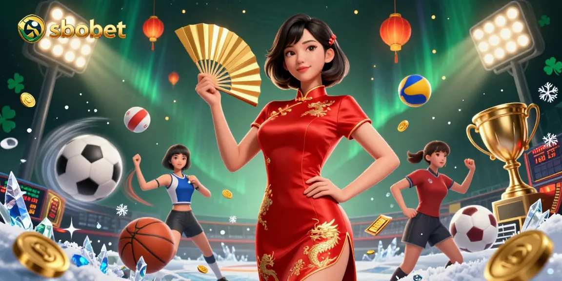Engage in sbobet sports betting with vibrant scenes of athletics and dynamic 3D elements surrounding a confident character.