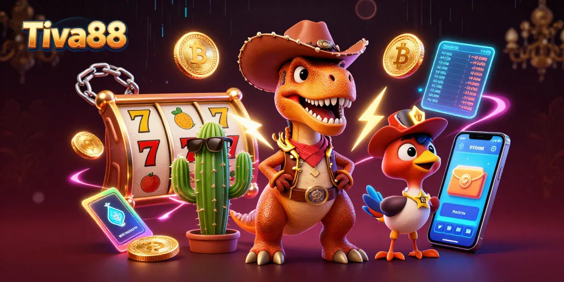 Tiva88 showcases a fun cowboy dinosaur winning at slots surrounded by crypto coins and vibrant game elements.