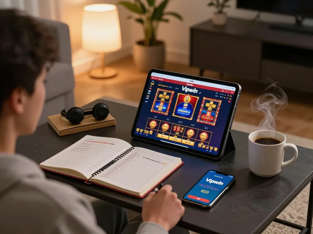 Engaging in online gambling with Vipwin on a tablet at home, showcasing strategic gameplay.