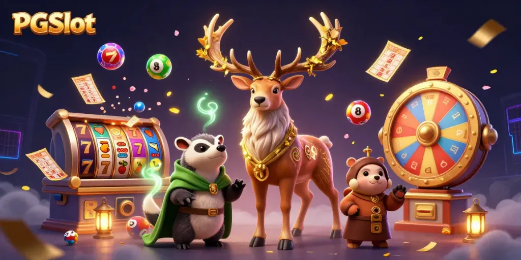 Spin the reels with PGSlot featuring vibrant slot elements, a Celtic druid, and a wise badger.